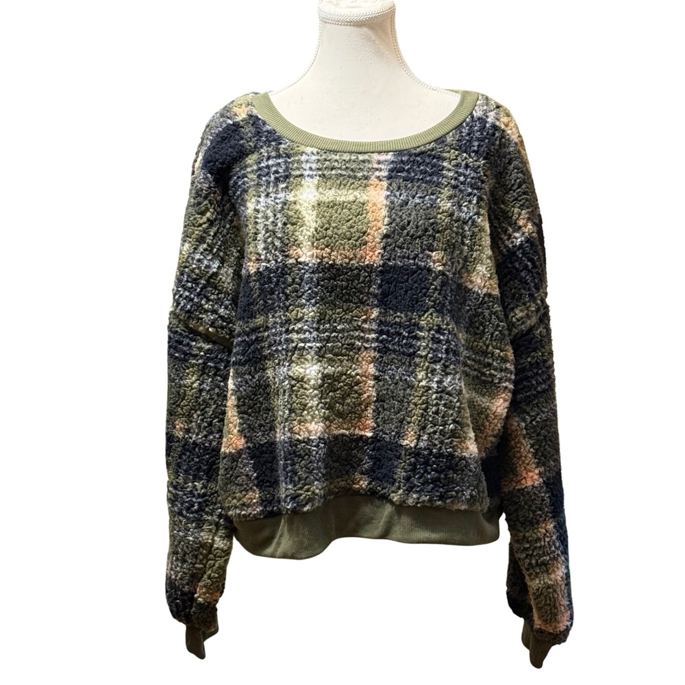 LOVE + JOY by FCT Kora Plaid Fuzzy Fleece Pullover Sweatshirt Top 3X